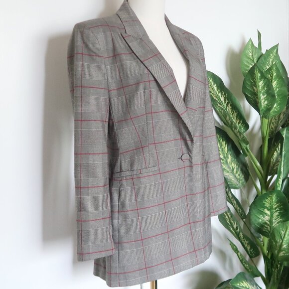 Zara Gray Plaid Checkered Single-breasted Blazer Red Windowpane Classic Office M - Picture 5 of 14